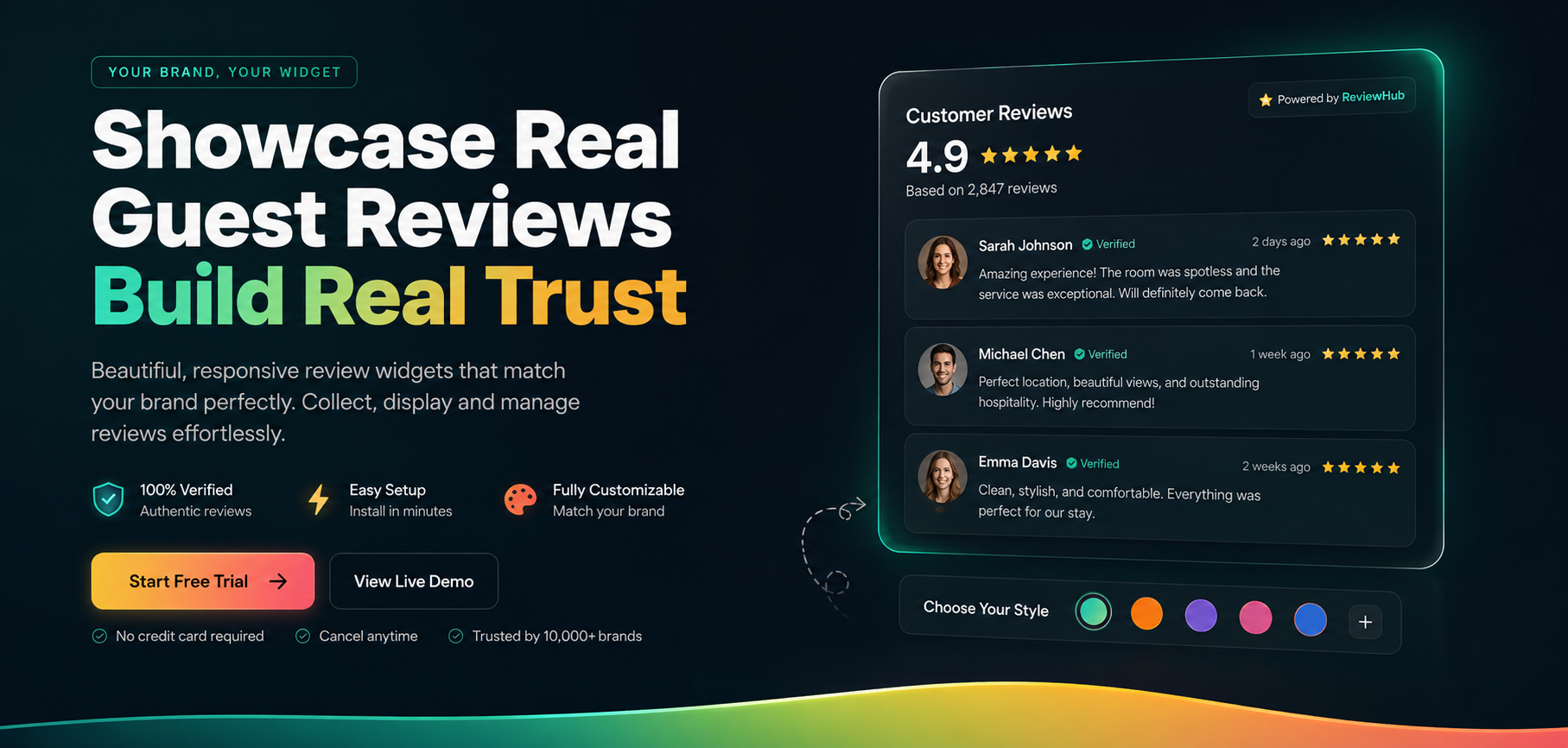 Showcase real guest reviews. Build real trust with ReviewHub — verified, easy setup, fully customizable.